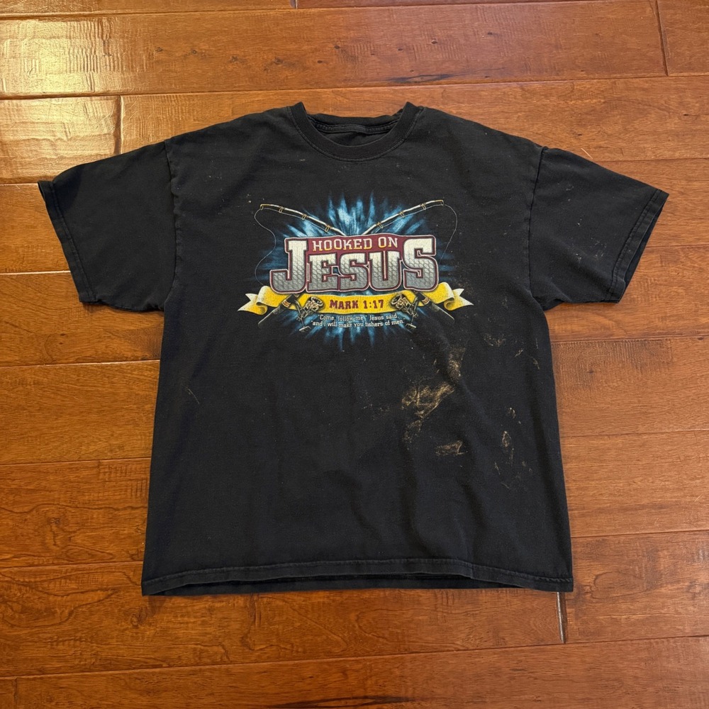 Vintage Y2K Hooked On Jesus Mark 1:17 Fishing Graphic T-Shirt Mens L Black Tee